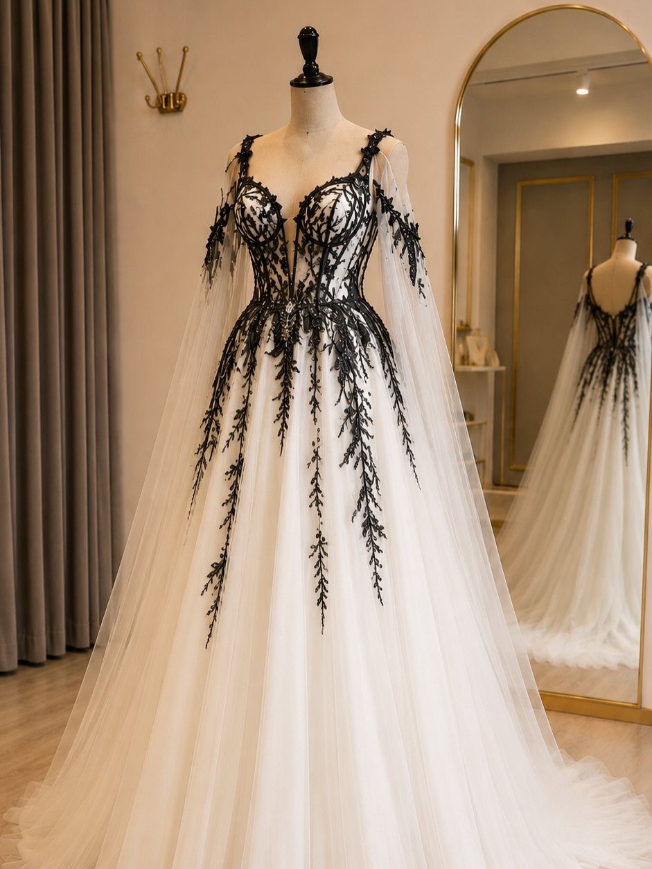 White tulle wedding gown with black lace embroidery displayed on a mannequin.