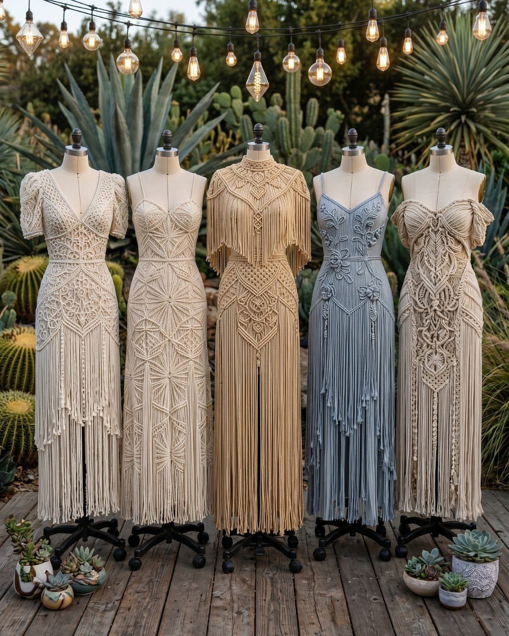 Five macrame and fringe bohemian dresses displayed on mannequins in a garden setting.