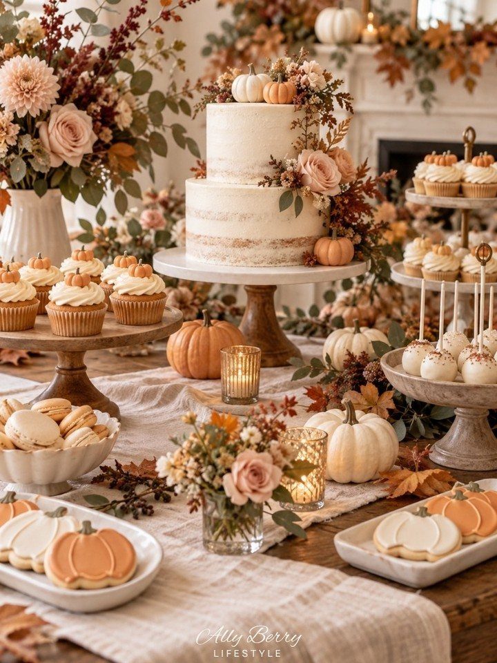 A dessert table with a naked cake, cupcakes, macarons, and pumpkin cookies decorated with autumn flowers.
