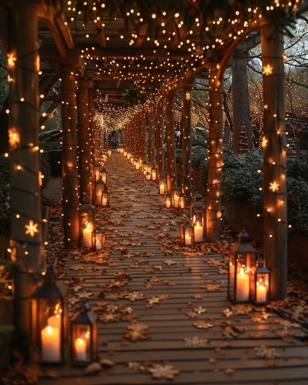 Lit lanterns and string lights decorate a wooden walkway covered in autumn leaves.