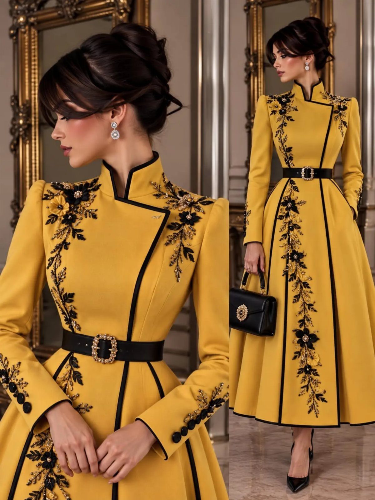Woman in a mustard yellow dress with black floral embroidery and a black belt.