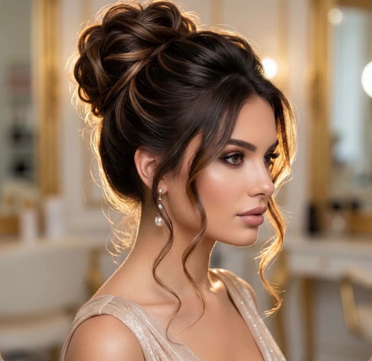 Woman with dark hair styled in a voluminous, elegant updo with wavy face-framing tendrils.