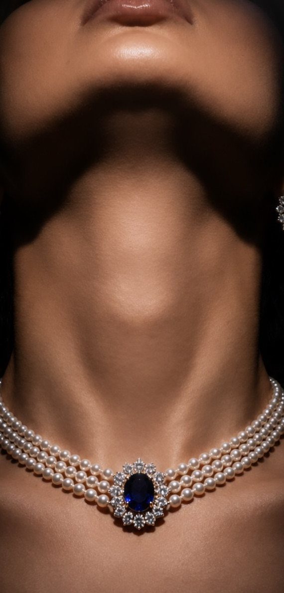 A multi-strand pearl necklace with a large blue gemstone centerpiece worn around a neck.