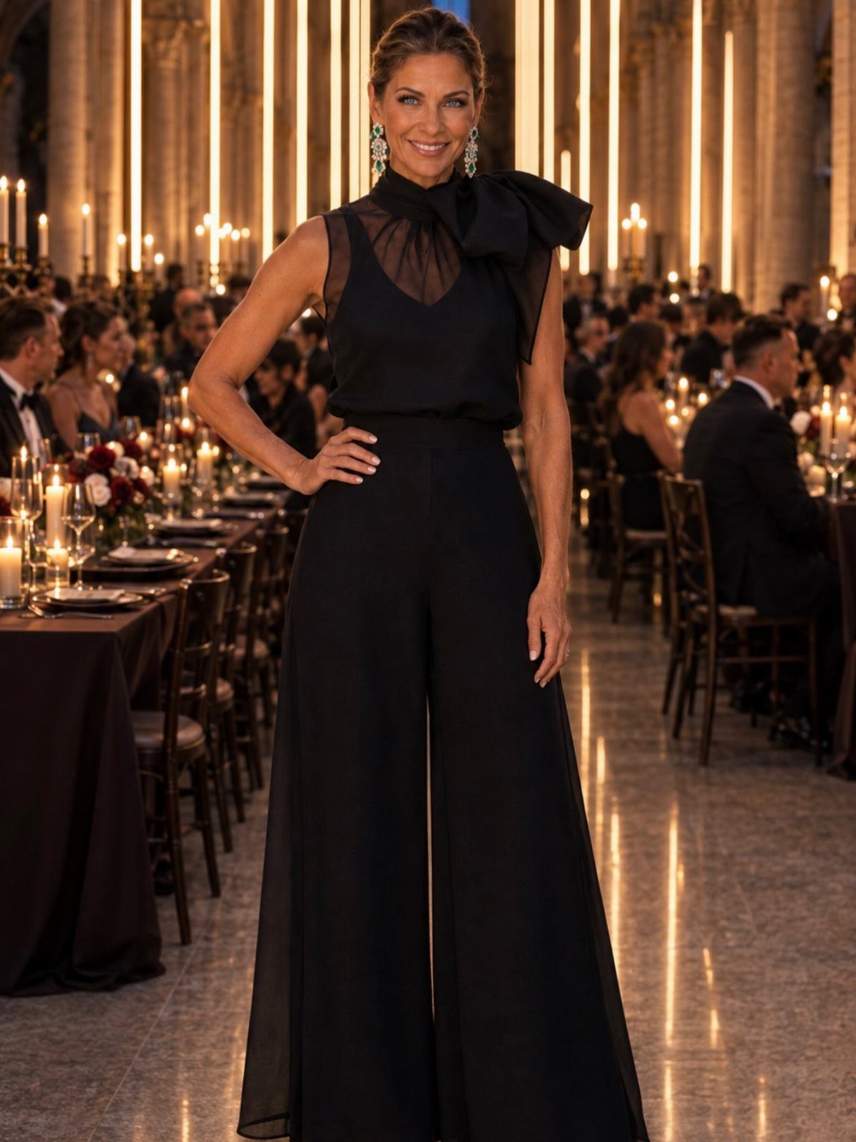 Woman in a black formal jumpsuit with a large bow posing in a candlelit banquet hall.