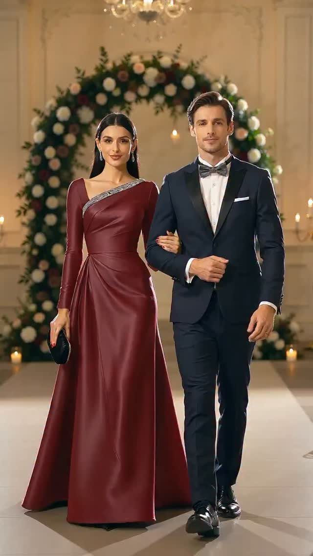 A man in a tuxedo and a woman in a burgundy gown walking together in formal attire.