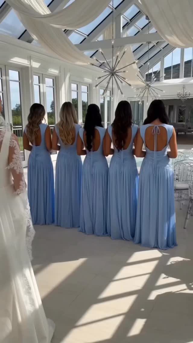 Five bridesmaids in light blue dresses standing in a row with their backs to the camera.