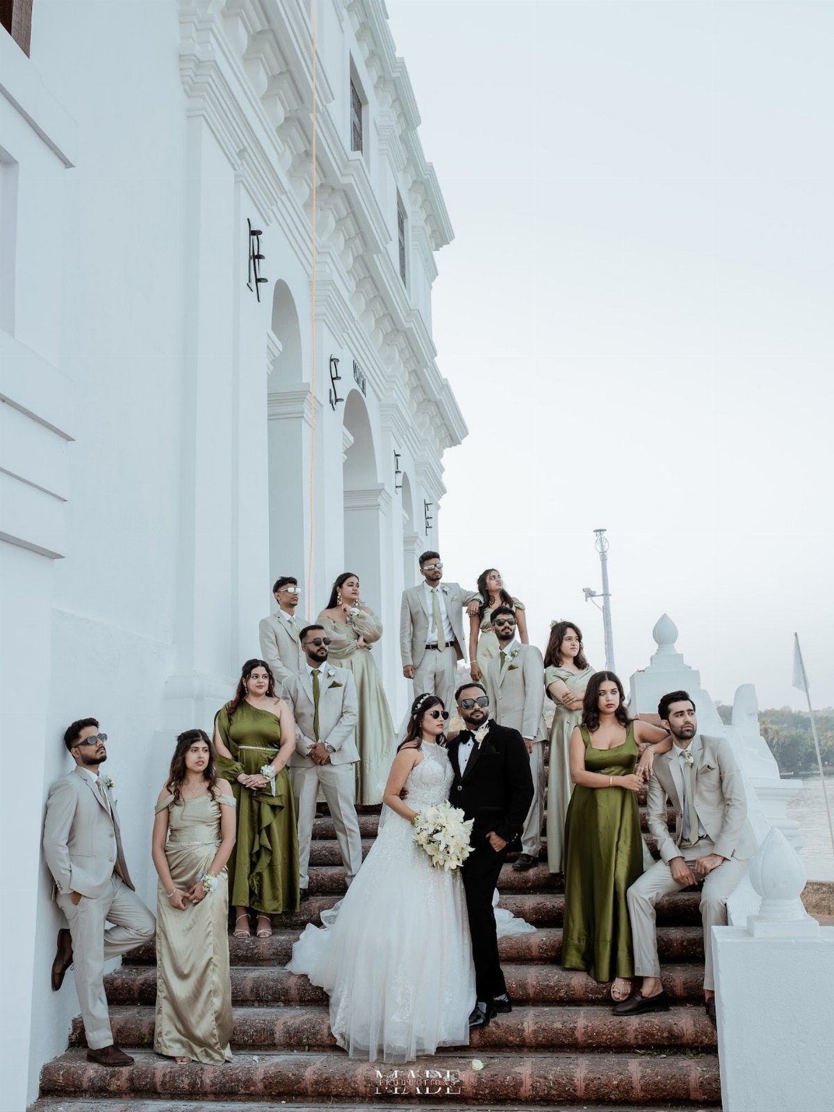 A bridal party posing dramatically on the stone steps of a large white building.