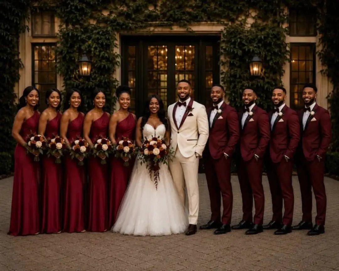 A wedding party posing with a bride, bridesmaids in burgundy, and groomsmen in burgundy suits.