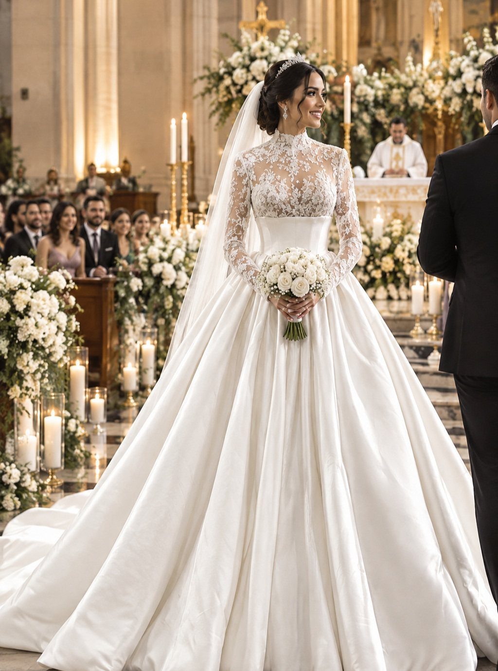 Bride in a high neckline lace gown and satin ballgown holding white roses in a church.