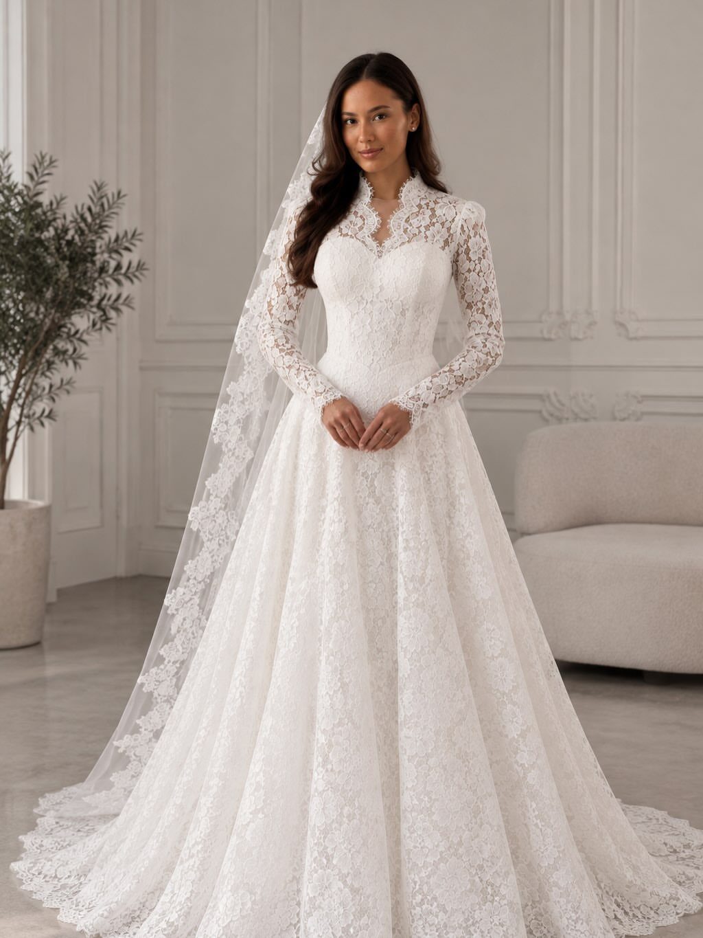 Woman in a long-sleeved lace wedding gown and lace-trimmed veil standing in a white room.