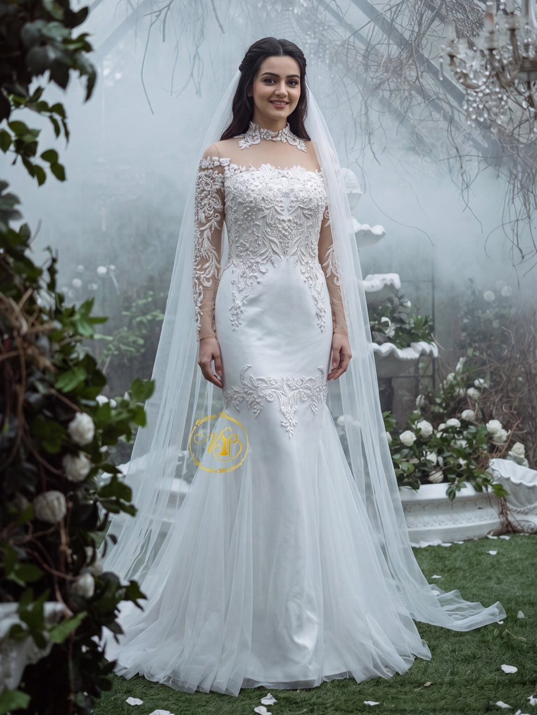 Woman wearing a white lace mermaid silhouette wedding dress with a long veil.