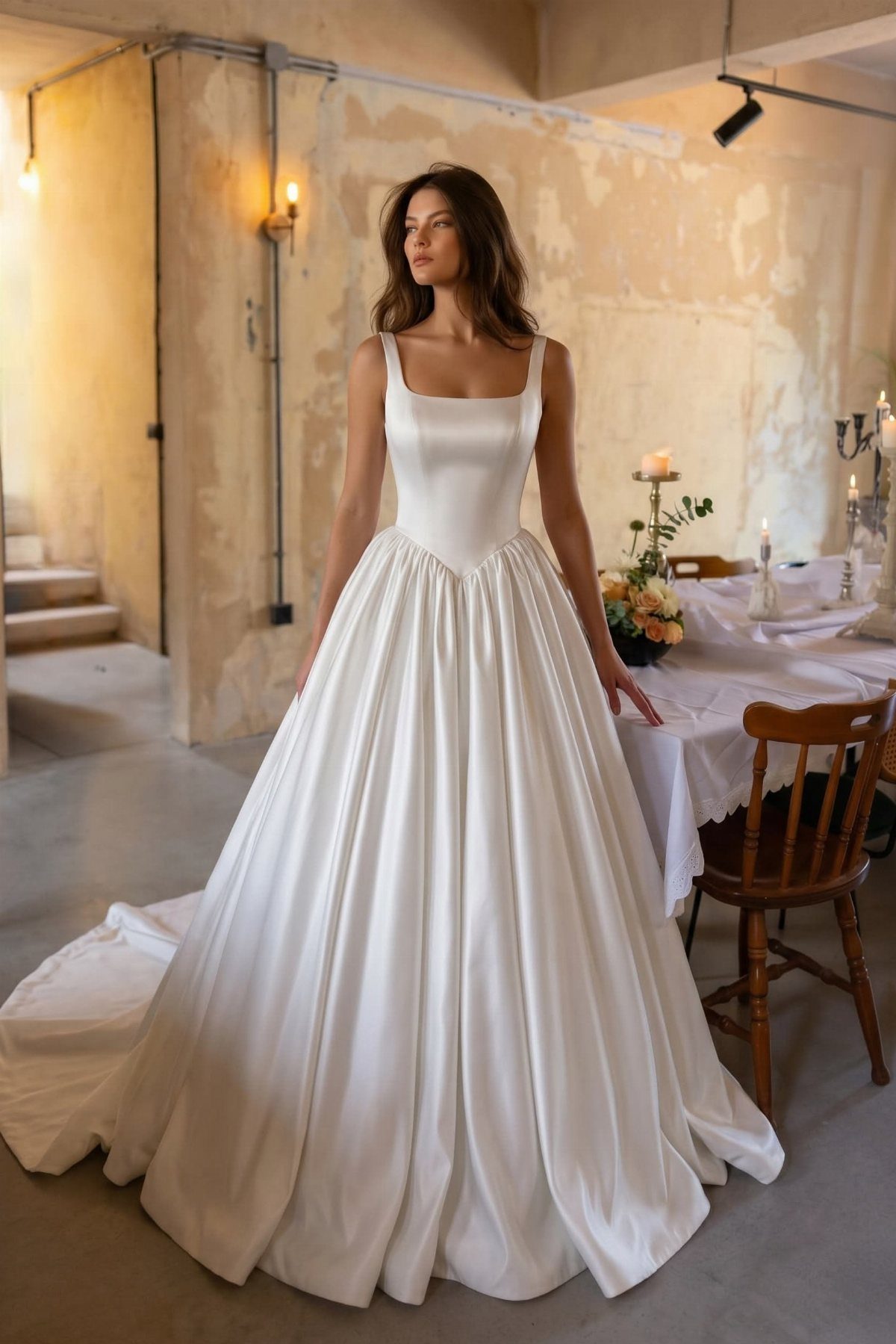 Woman wearing a sleeveless white satin wedding gown with a full skirt in a rustic room.