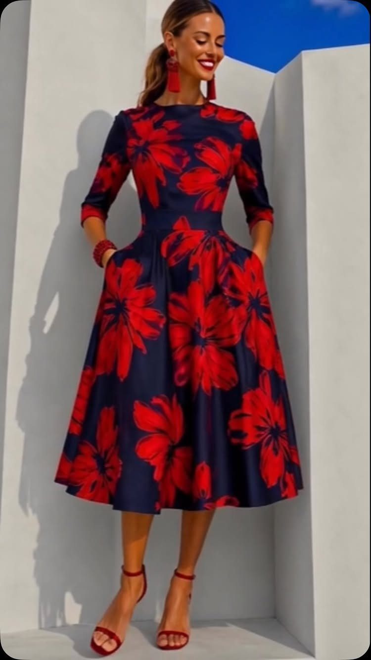 A woman wearing a navy and red floral cocktail dress and red heels posing outdoors.