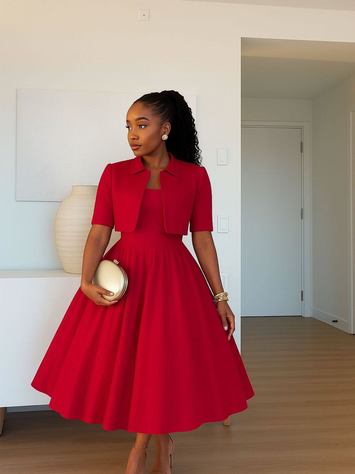 Woman in a red cropped jacket and flared midi skirt holding a gold clutch.