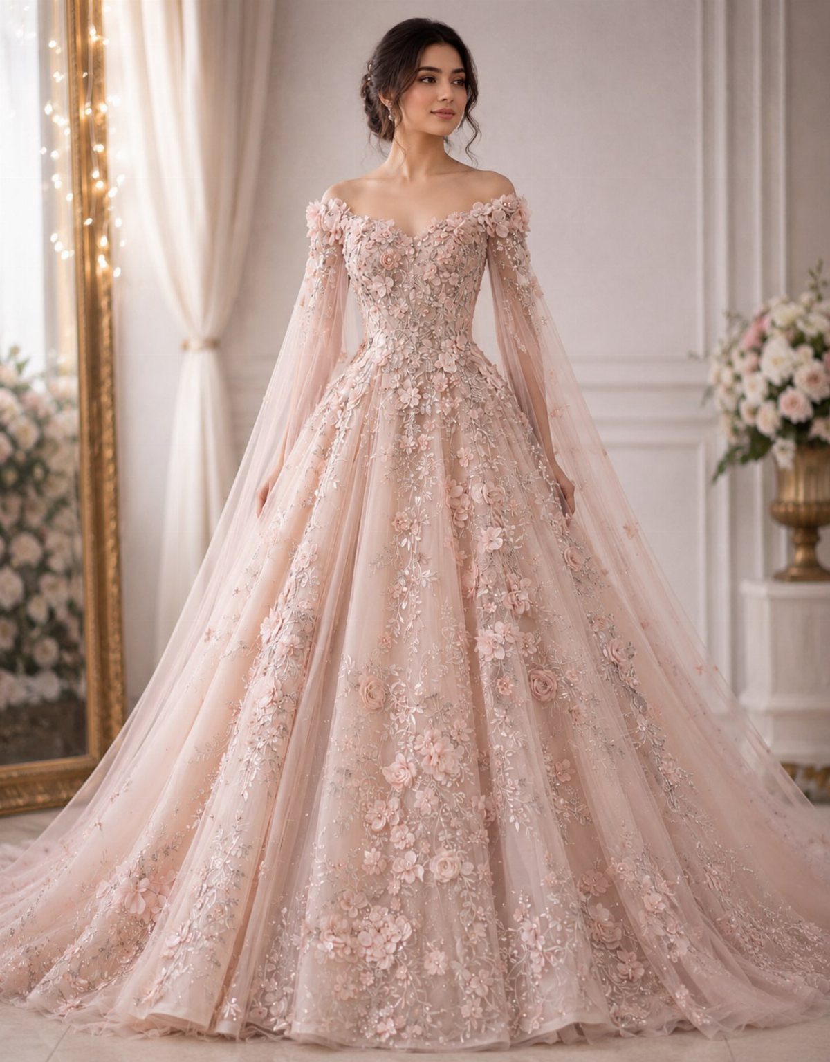 Woman wearing a voluminous dusty rose wedding gown with floral appliqués and long sheer sleeves.