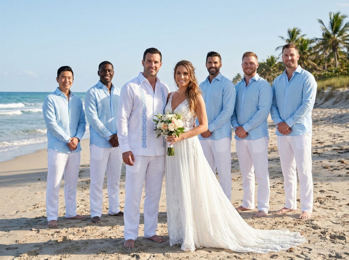 A wedding party in light blue and white clothing posing on a sunny beach.