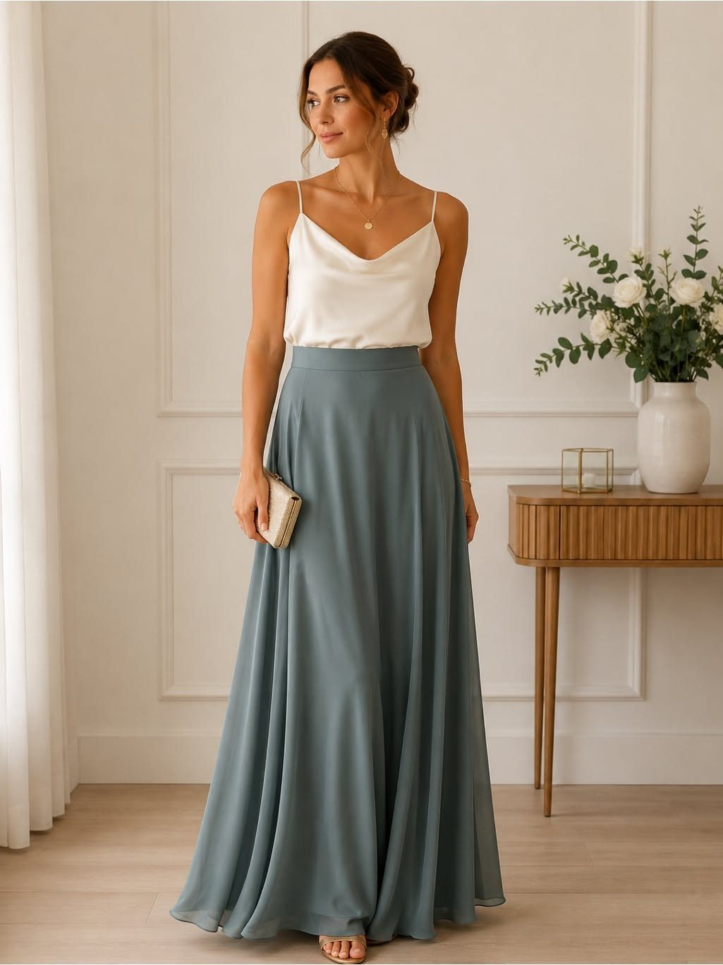A woman wearing a white cowl-neck top and a long blue maxi skirt standing in a bright room.