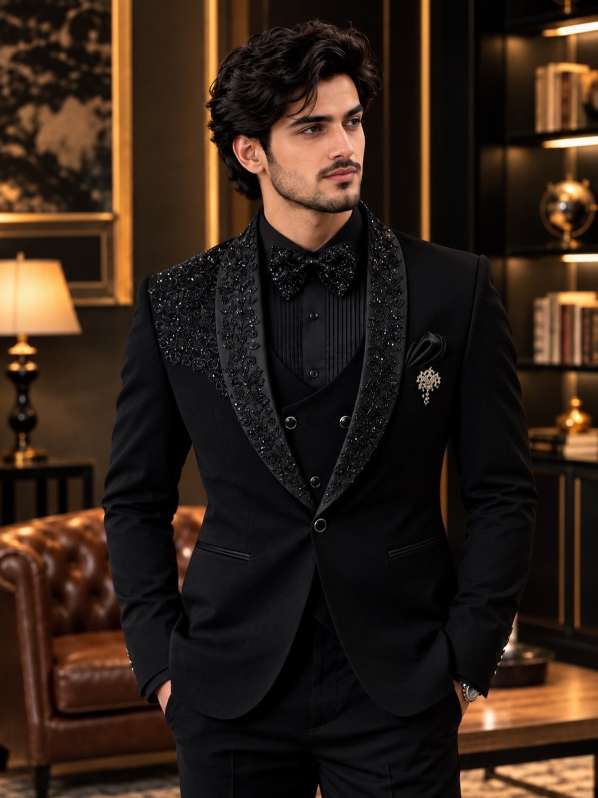 Man in a black three-piece suit with a sequined shawl lapel and bow tie.