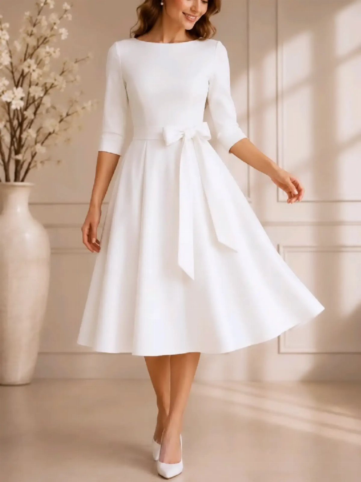 Woman in a white midi dress with a large waist bow standing near white flowers.