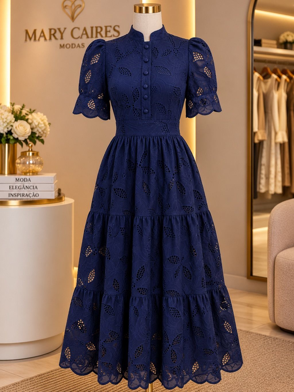 Navy blue eyelet midi dress with puff sleeves displayed on a mannequin in a boutique.
