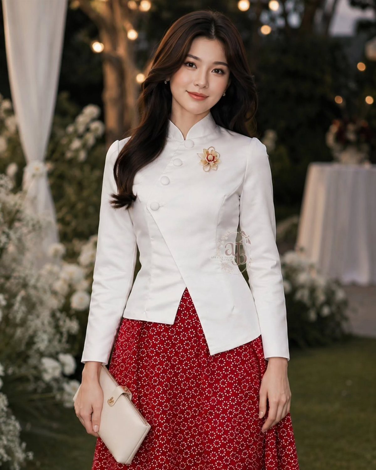 Woman in a white structured blouse and red floral skirt holding a cream clutch.