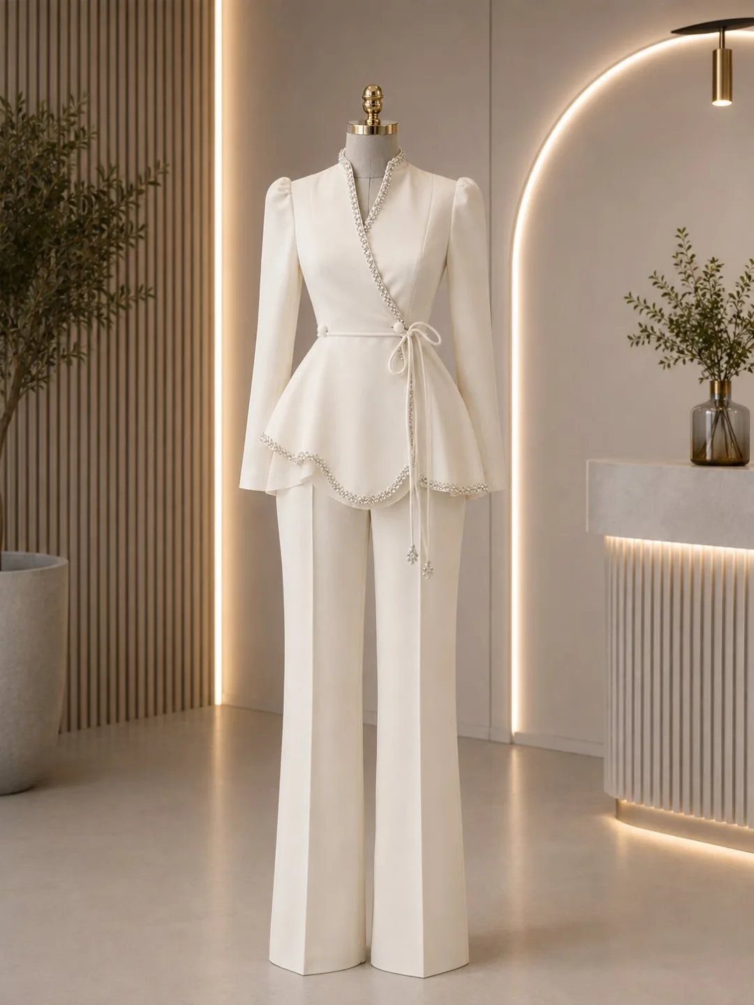 A white pearl-embellished peplum top and wide-leg trousers displayed on a mannequin.