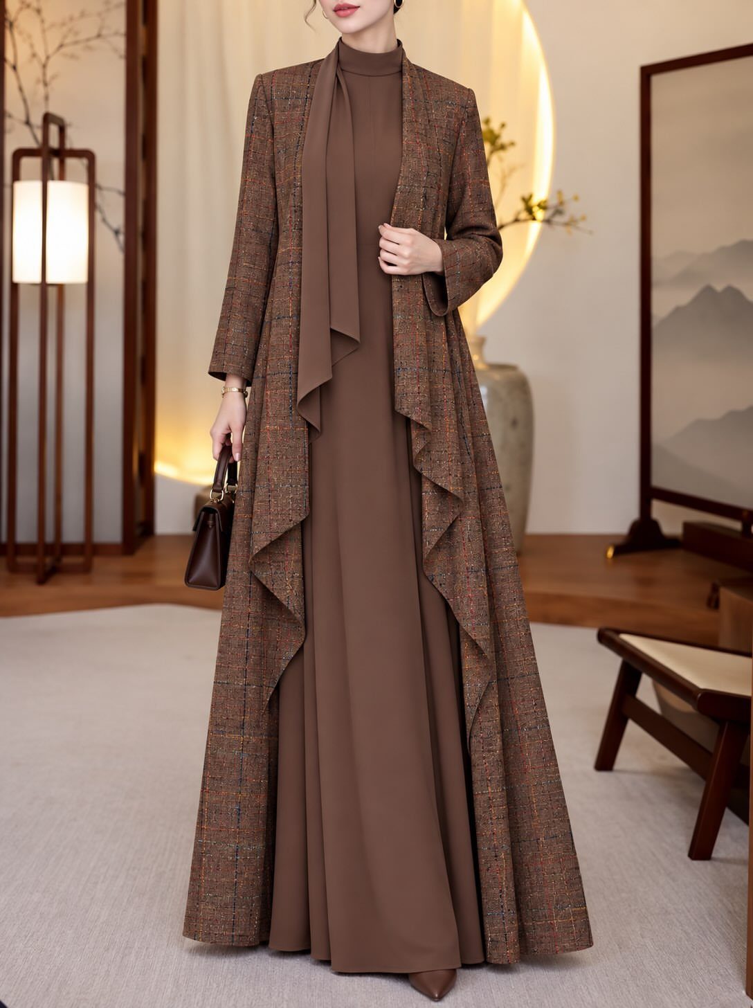Woman wearing a long brown A-line dress and a matching textured duster jacket.