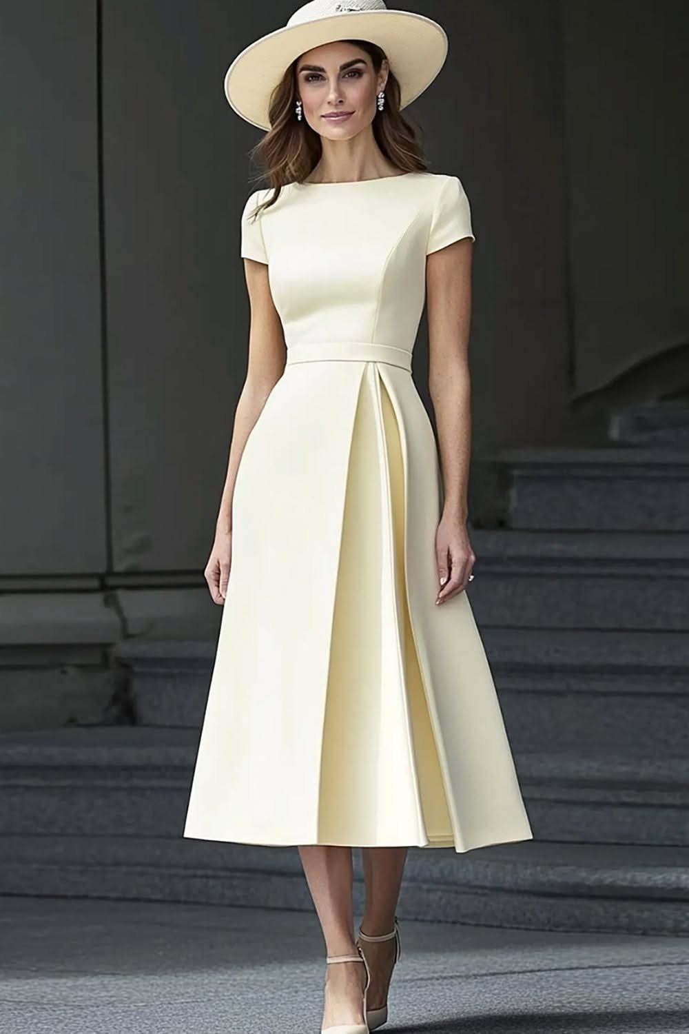 A woman in a cream boat neckline midi dress and a wide-brimmed hat standing on stairs.