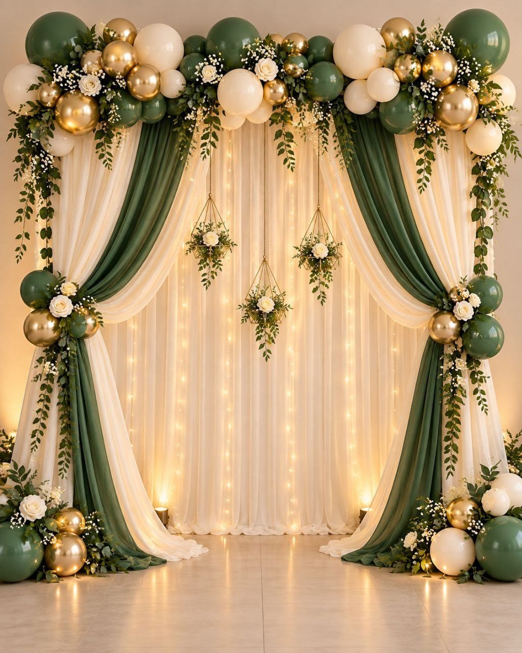 Emerald green and cream fabric backdrop decorated with balloons and white flowers.
