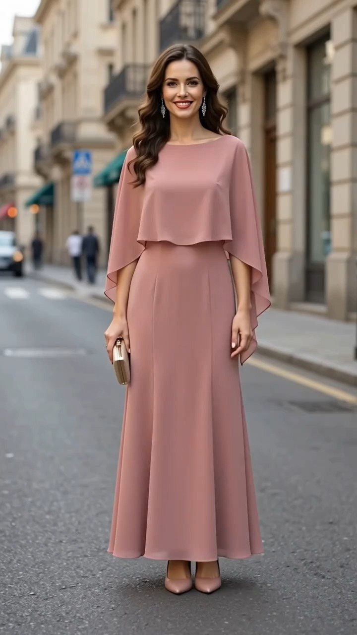A woman in a long dusty rose formal gown with a cape overlay standing on a city street.