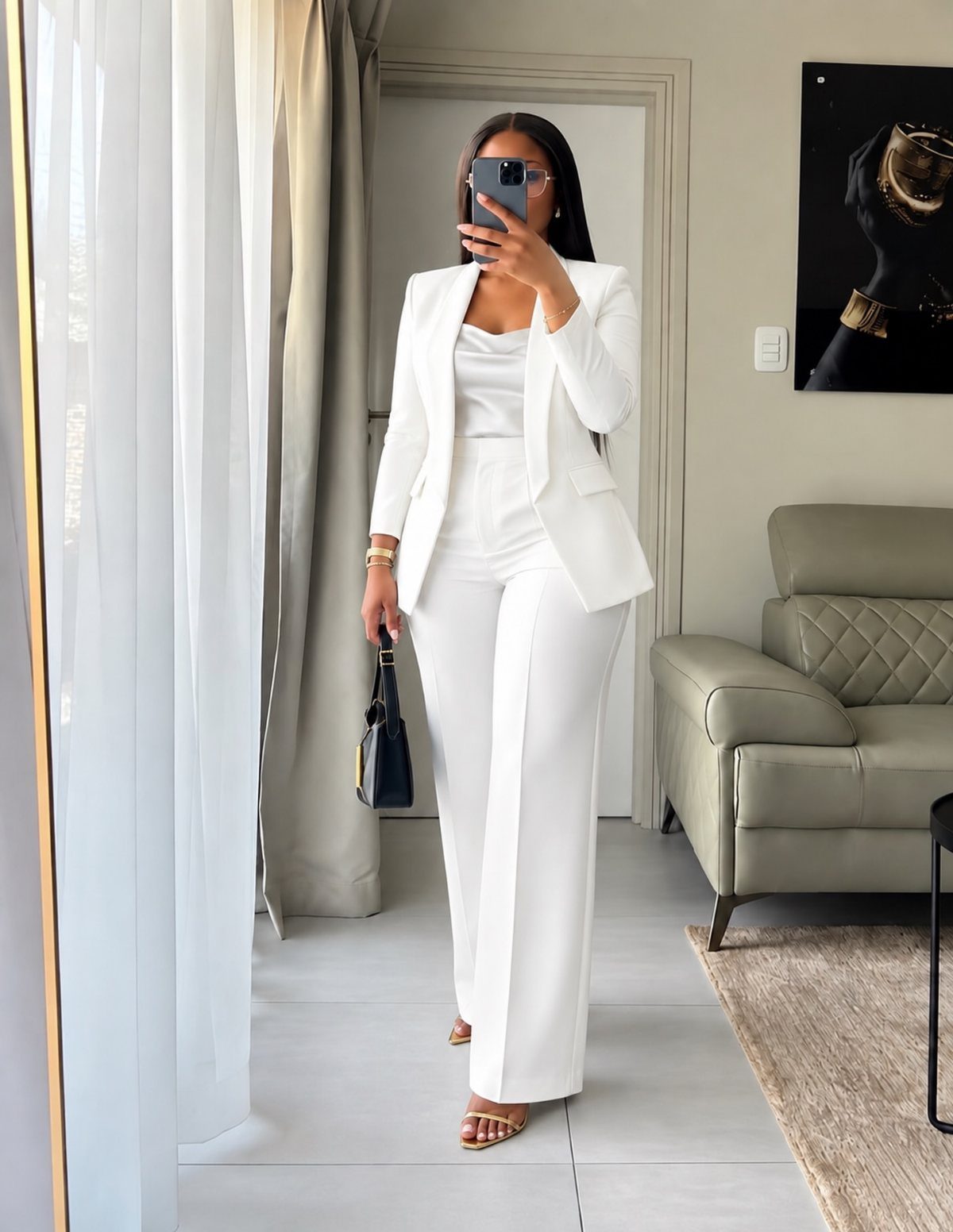 Woman in a white tailored pantsuit taking a mirror selfie in a bright room.