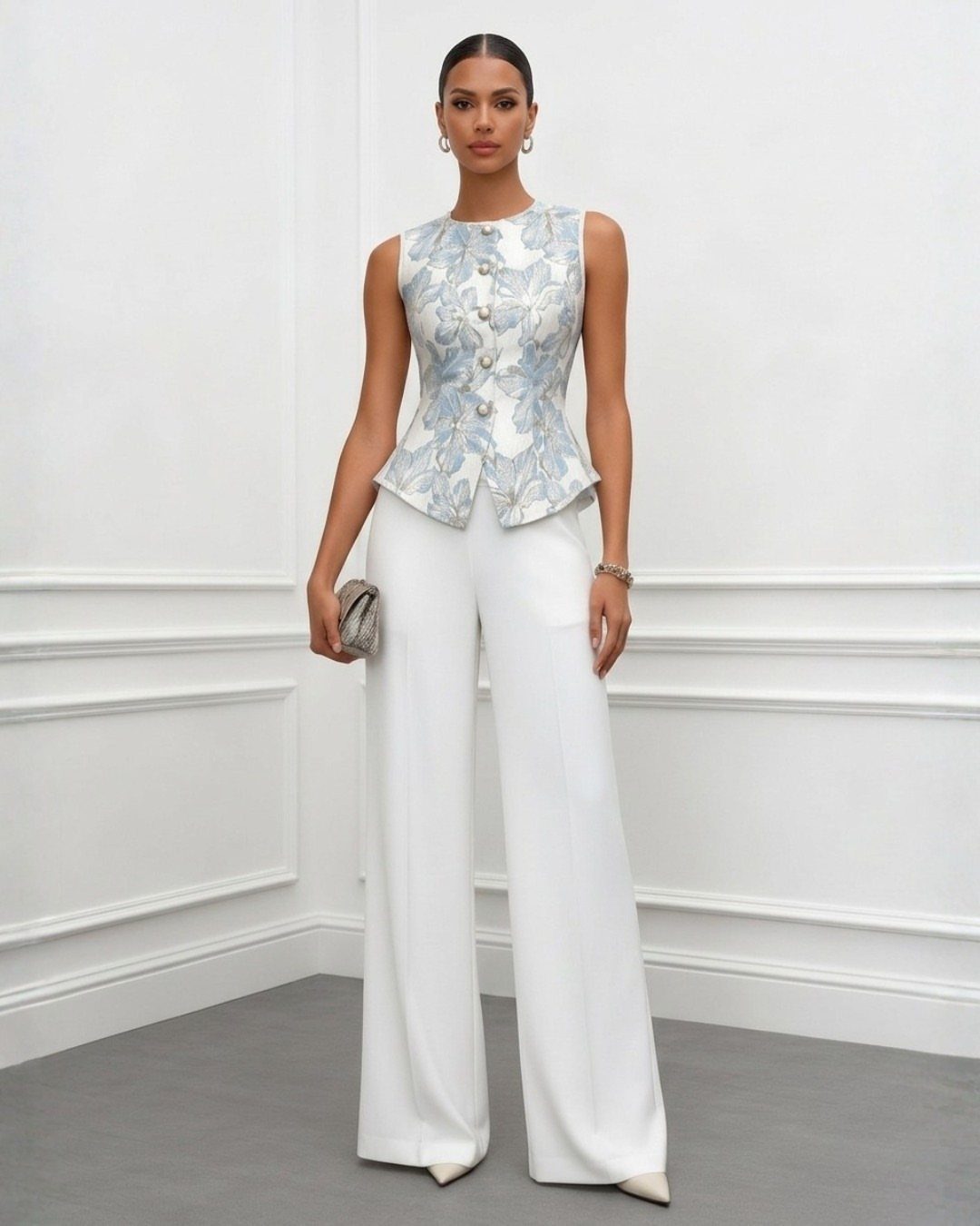 Woman wearing a floral patterned waistcoat and wide-leg white trousers standing against a white wall.