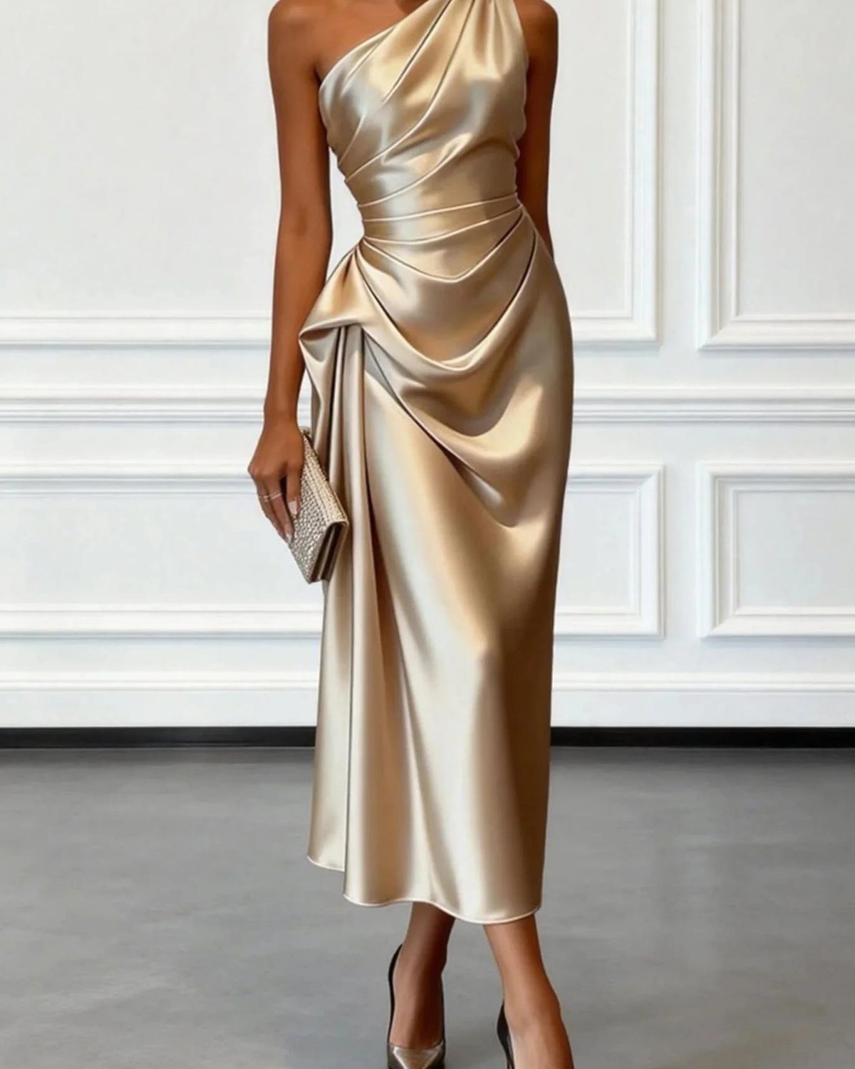 Woman in a gold satin one-shoulder midi dress holding a small metallic clutch.