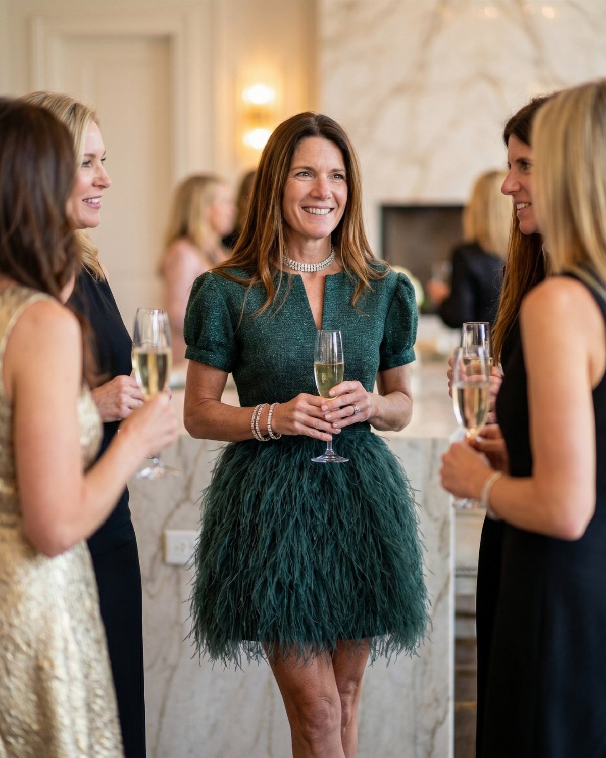 A woman in a green feathered cocktail dress smiles while holding a champagne flute at a party.