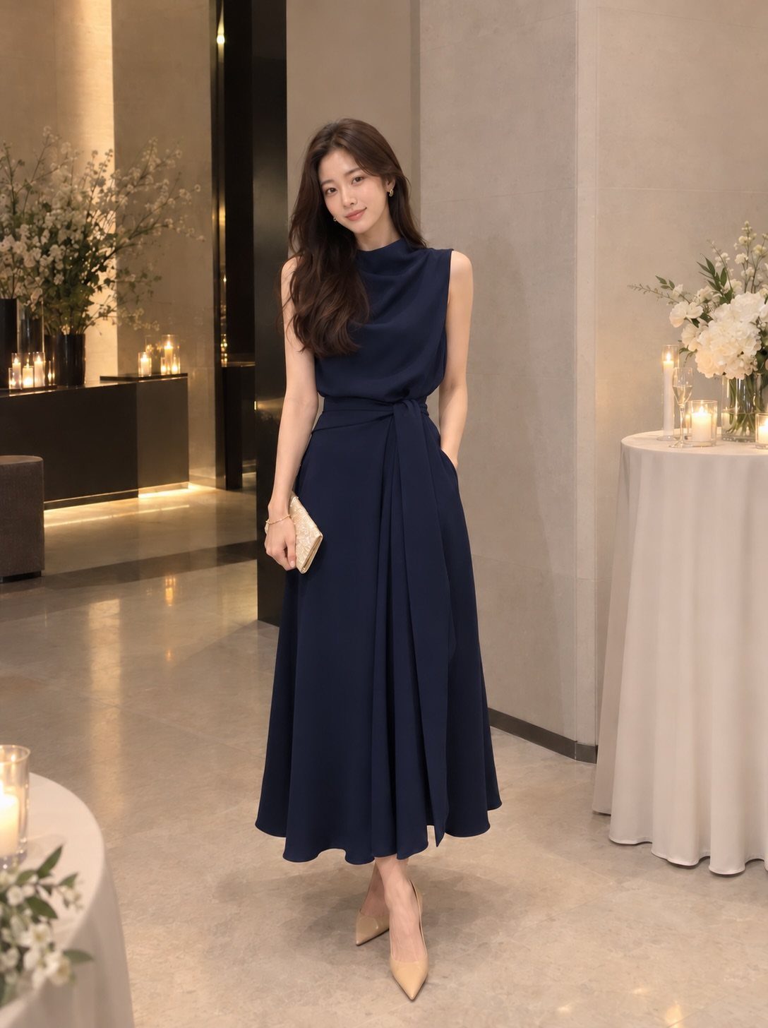 Woman in a navy blue sleeveless midi dress and beige heels standing in an elegant room.