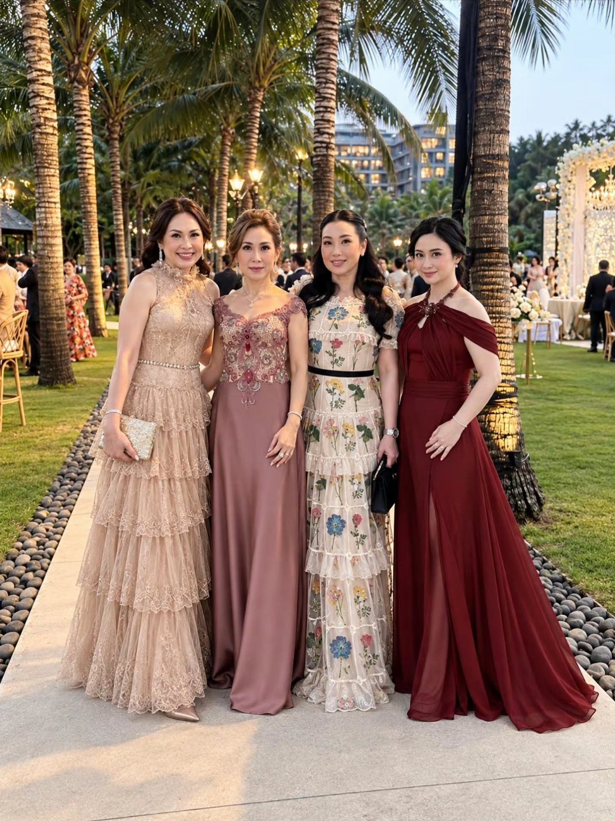 Four women in formal evening gowns posing together on a path lined with palm trees.