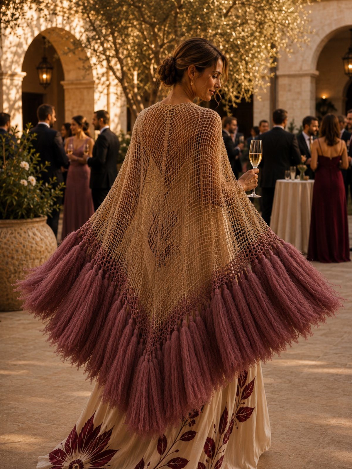 Woman wearing a large crochet shawl with beige knit and mauve fringe at an outdoor party.