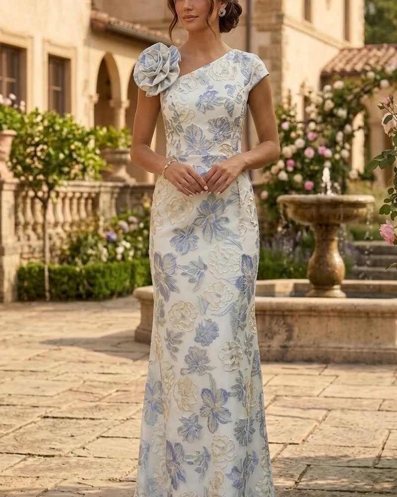Woman in a white one-shoulder gown with blue and gold floral embroidery standing in a garden courtyard.