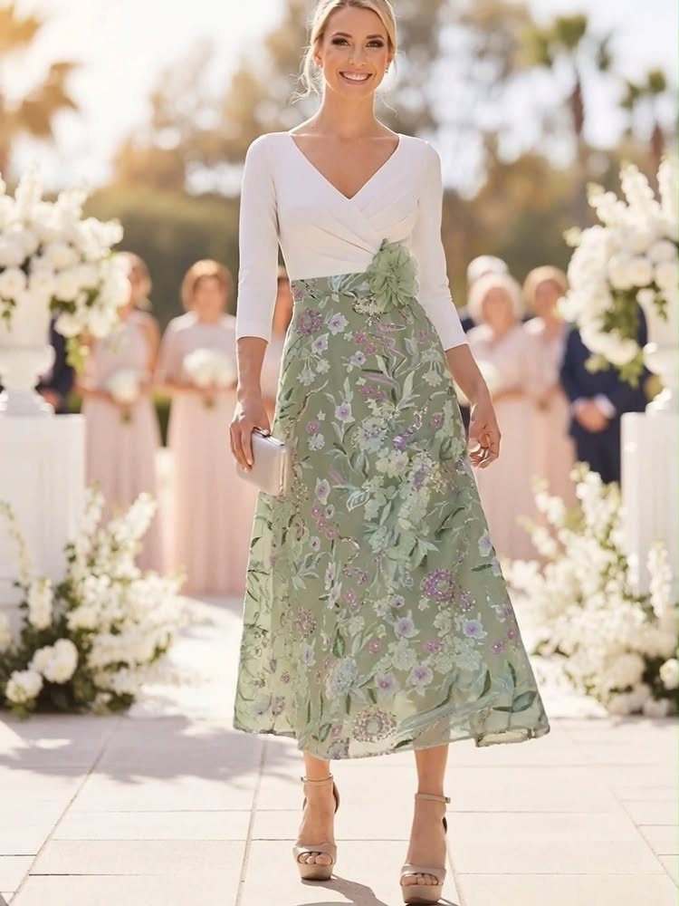 Woman in a white top and green floral skirt walking through a garden wedding venue.