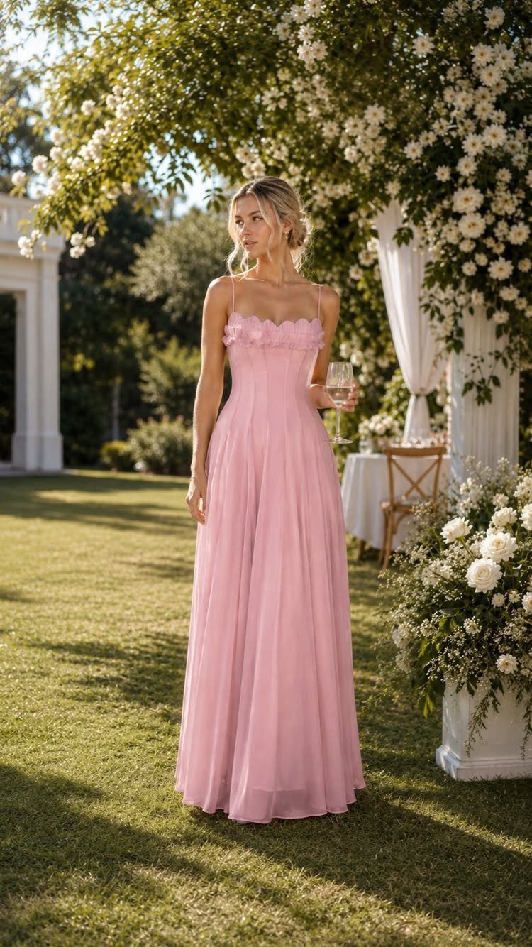 A woman in a long pink ruffled maxi dress standing in a sunny garden with white flowers.