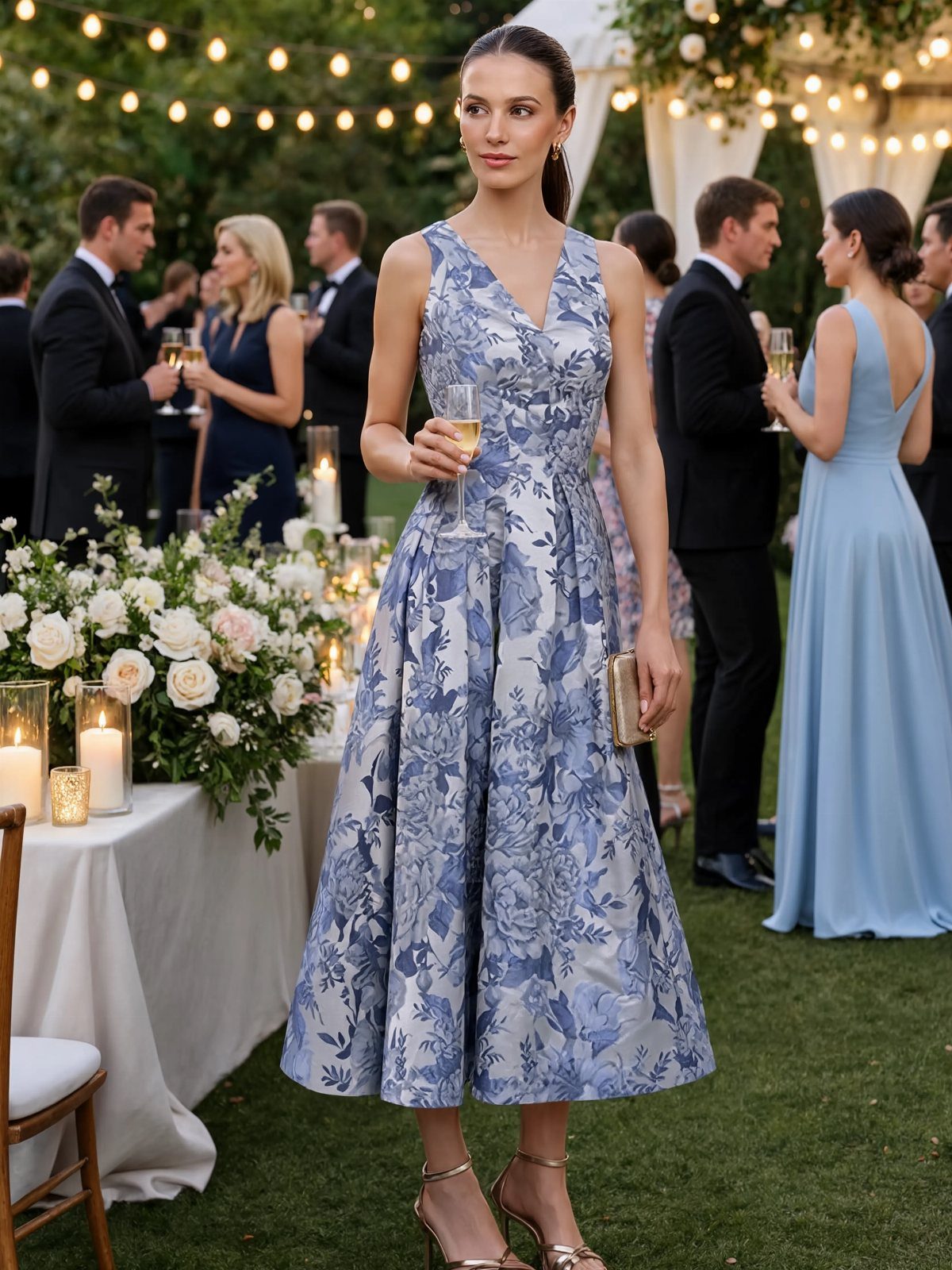 Woman in a blue floral tea-length dress holding champagne at an outdoor evening wedding reception.
