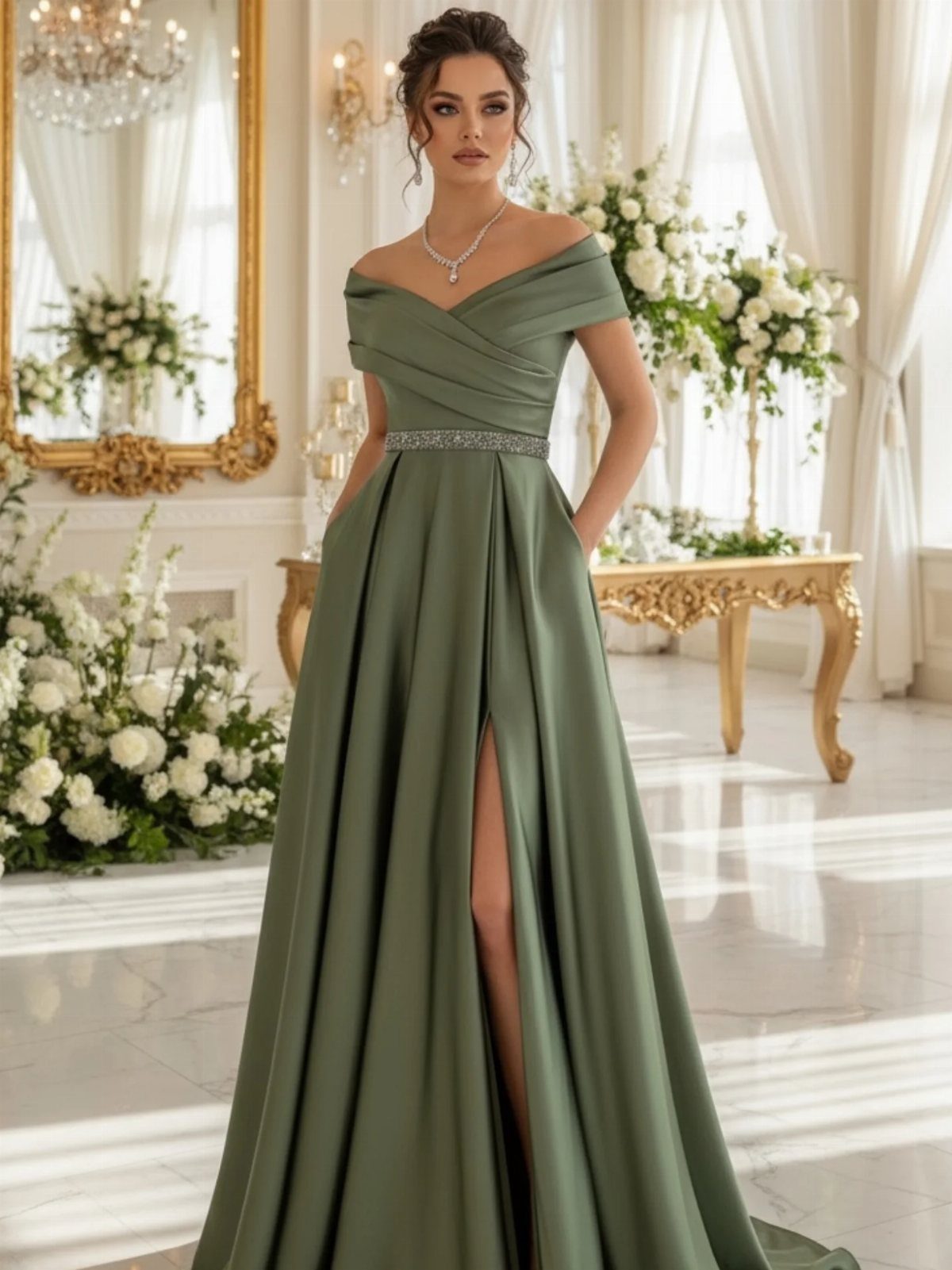 Woman wearing a long olive green satin formal dress with a high leg slit in an elegant room.