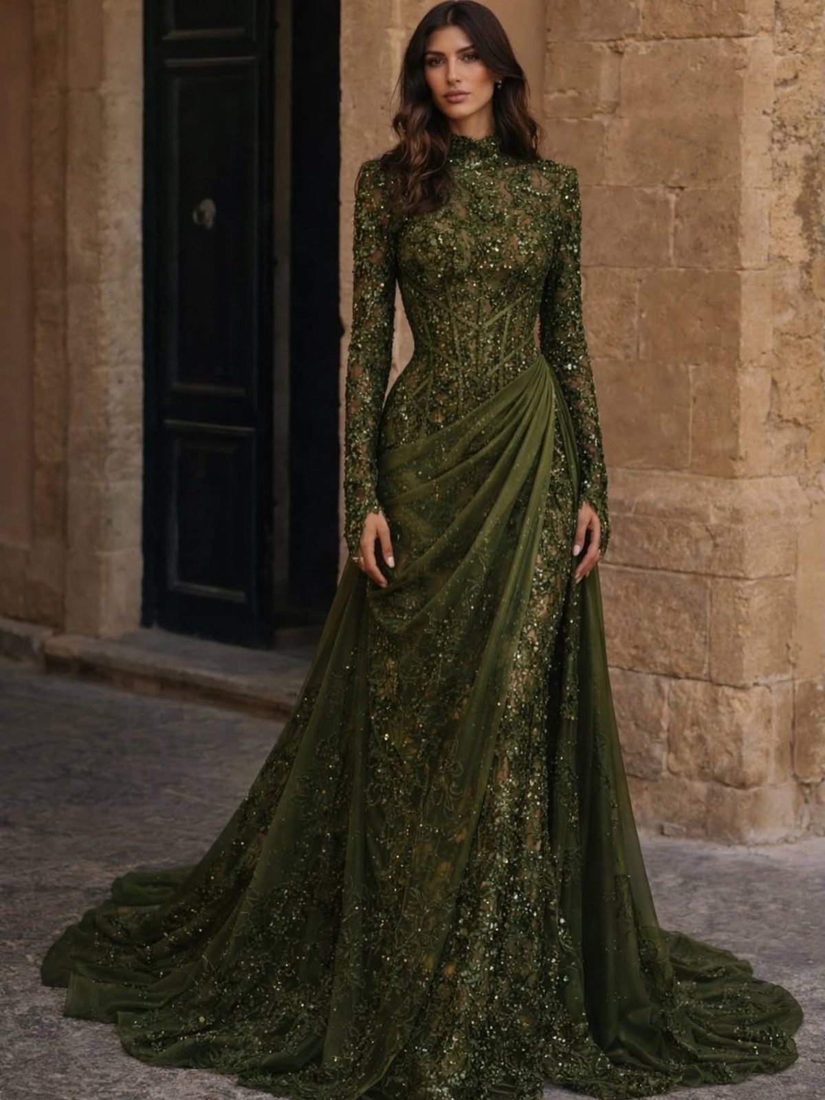 Woman in a long-sleeved, shimmering olive green wedding dress standing before a stone wall.