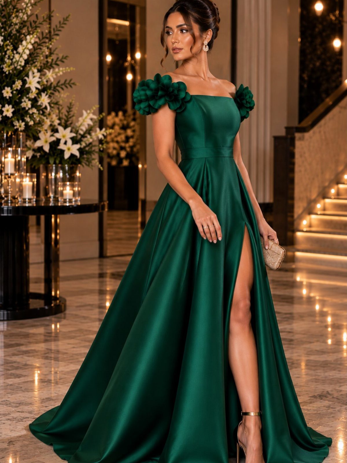 Woman wearing an emerald green satin gown with floral shoulder details and a high leg slit.