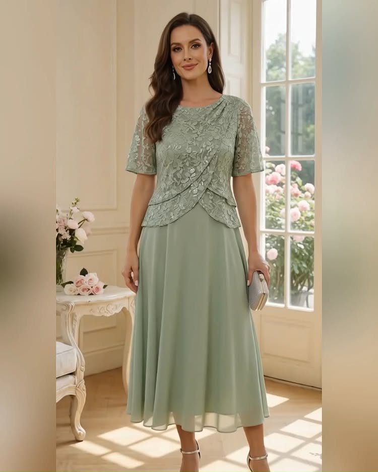 Woman posing in a sage green lace midi dress with a flowing chiffon skirt.