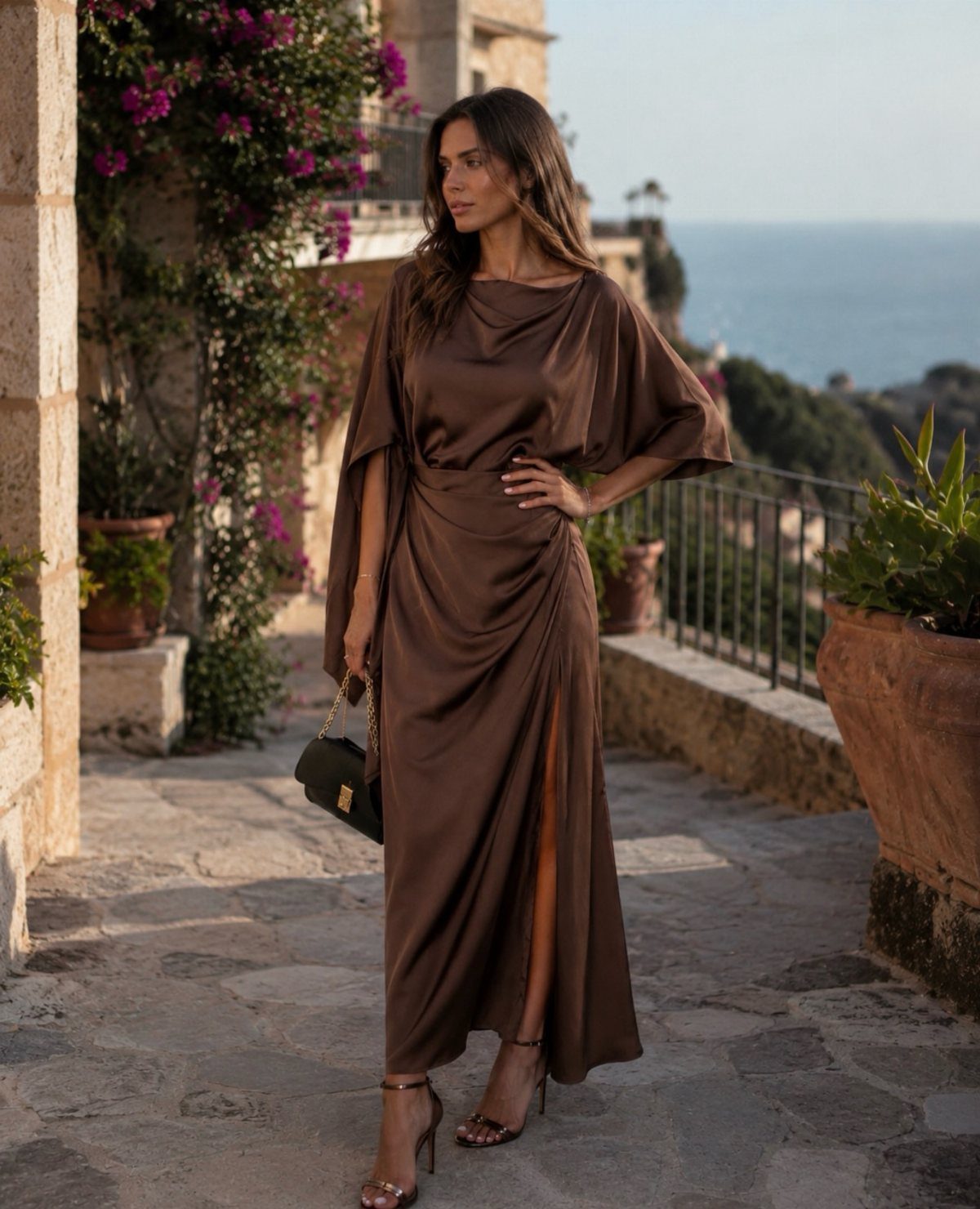 Woman in a brown satin maxi dress posing on a stone path overlooking the sea.