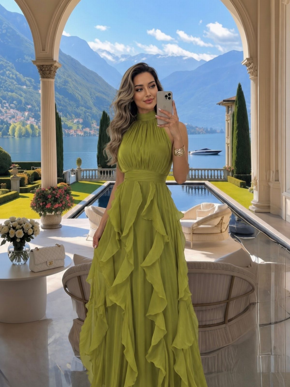 A woman posing in a ruffled light green chiffon maxi dress on a luxury terrace overlooking a lake.