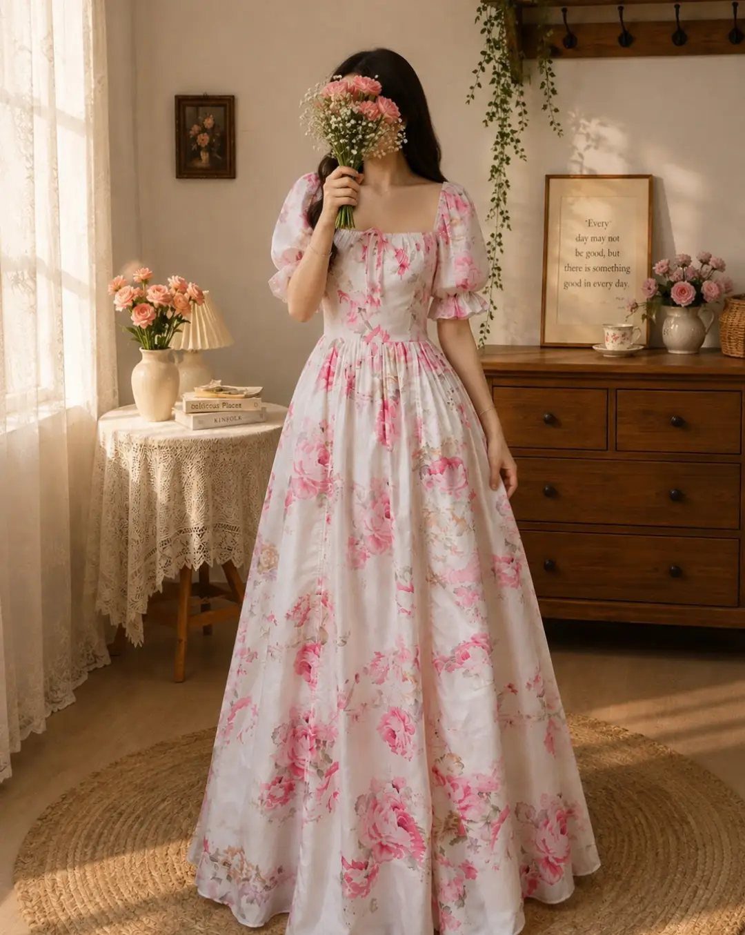 Woman in a cream floral maxi dress with puff sleeves holding pink flowers.
