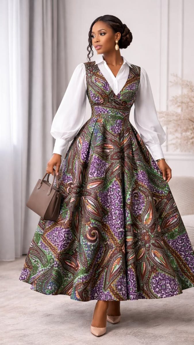 A woman posing in a patterned long dress with a white blouse and brown handbag.