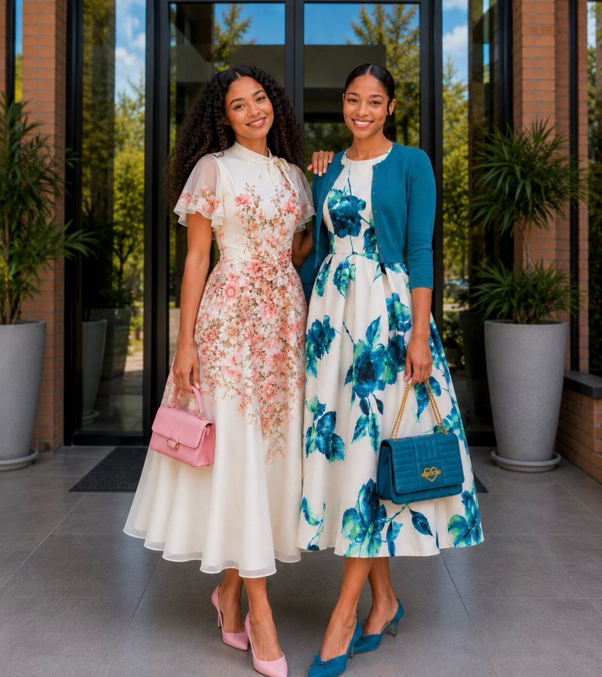 Two women posing in elegant floral midi dresses and matching accessories outdoors.